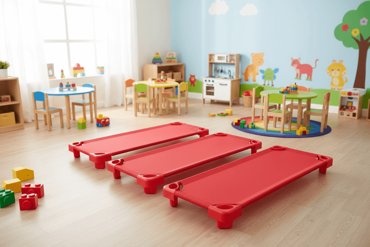 Červené plastové lehátko do školky